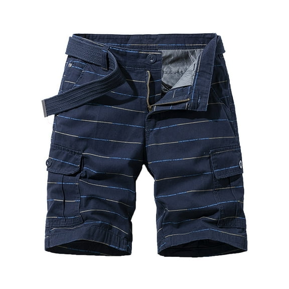 HOOMEUMY Men's Military Style Cargo Shorts Drawstring Slim Fit Striped Straight Multi-Pocket Bermuda Shorts with Belt Blue S