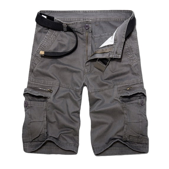 HOOMEUMY Men's Military Style Cotton Shorts with Belt Solid Color Multi-Pocket Loose Straight Bermuda Shorts Summer Beachwear Gray S