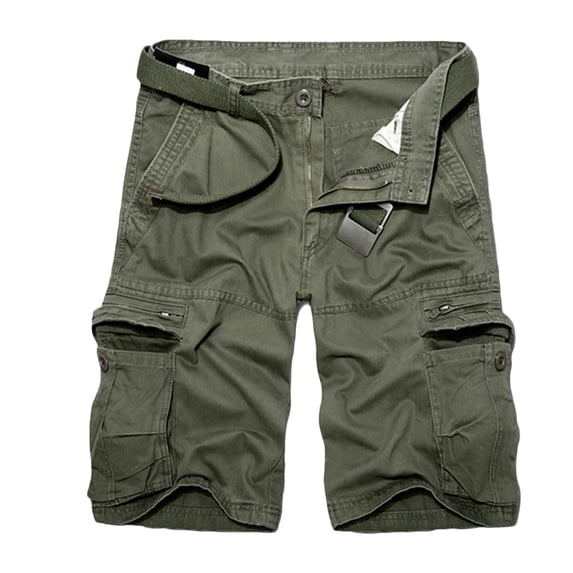 HOOMEUMY Men's Military Style Cotton Shorts with Belt Solid Color Multi-Pocket Loose Straight Bermuda Shorts Summer Beachwear Green S
