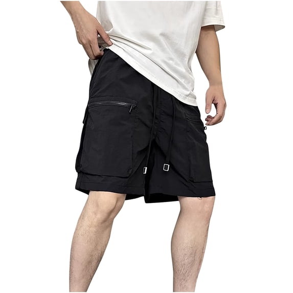 HOOMEUMY Men's Multi-Pocket Cargo Shorts with Drawstring Elastic Waist Summer Streetwear Hip Hop Baggy Bermuda Shorts Black L