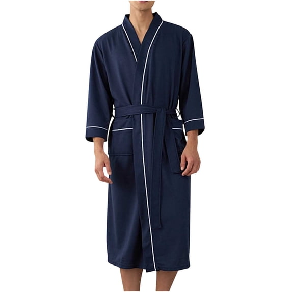 HOOMEUMY Men's Nightgown Casual V neck Open Front Loose Cardigan Bathrobe with Pockets Stylish Sleepwear