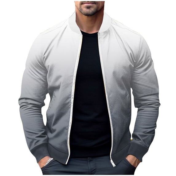 HOOMEUMY Men's Ombre Bomber Jacket Zip Up Lightweight Long Sleeve Jacket Gradient Color Outwear Sport Coat Spring Autumn Fashion d_Gray L