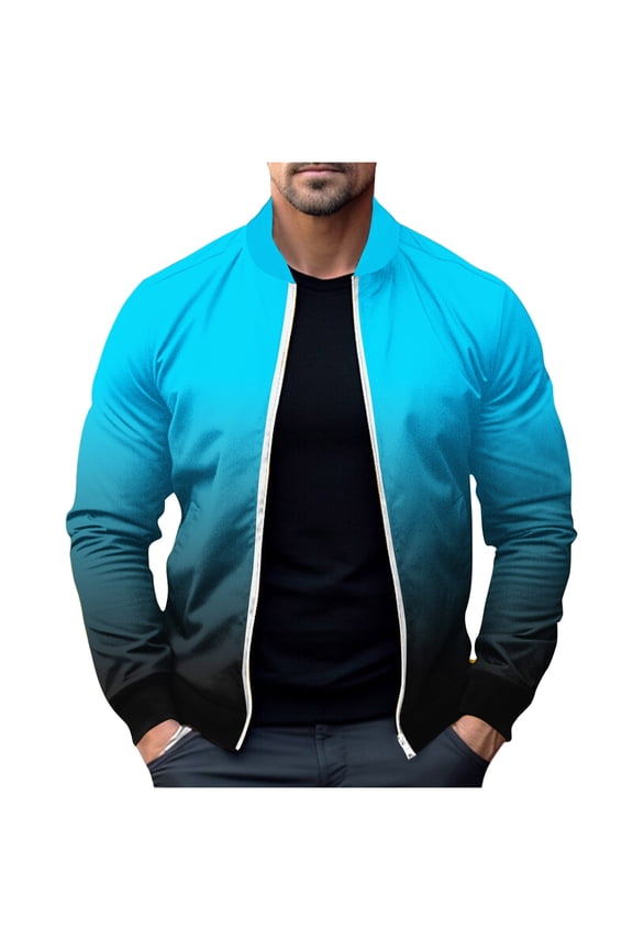 Men's Ombre Bomber Jacket Zipper Up Long Sleeve Lightweight Outwear Gradient Fashion Polyester Sport Streetwear a_Sky Blue S