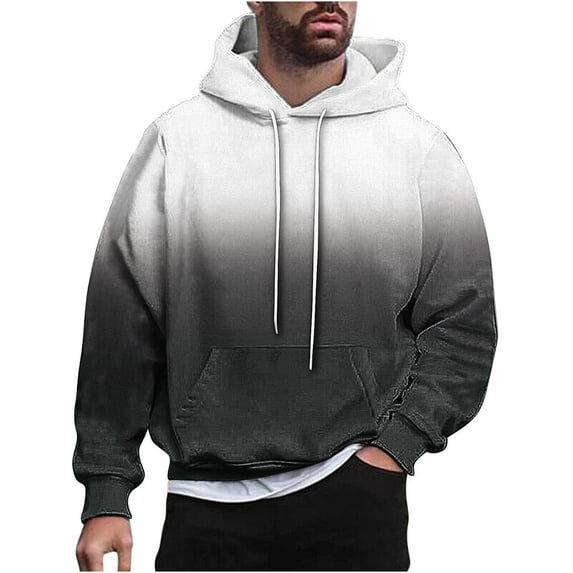 HOOMEUMY Men's Ombre Drawstring Hoodie Long Sleeve Pullover Sweatshirt Loose Fit Gradient Color Hooded Tops with Pocket Black XL