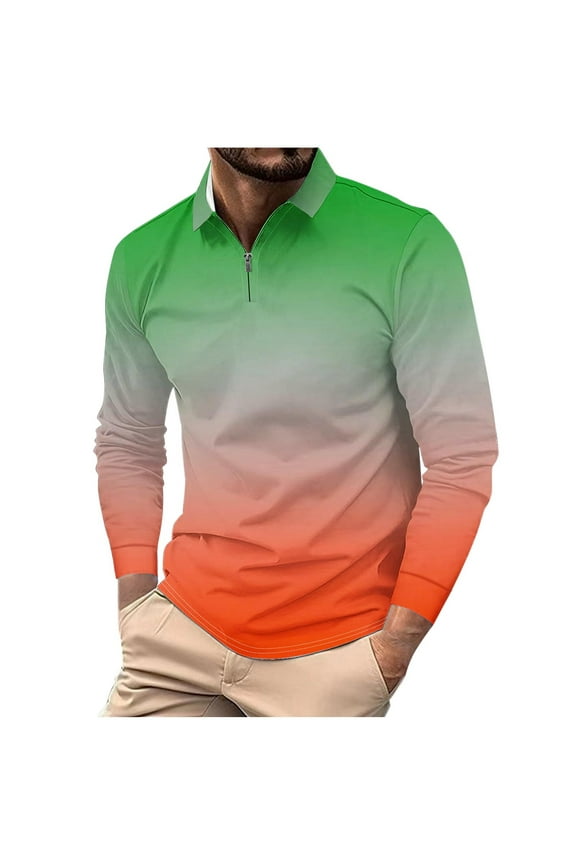 Men's Ombre Quarter Zip Long Sleeve T-Shirt Gradient Color Turndown Collar Casual Pullover Golf Shirt c_Multicolor XXXXXL