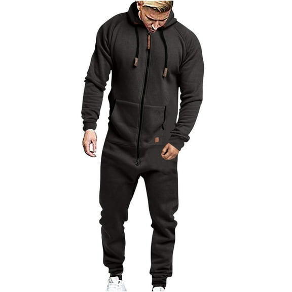 HOOMEUMY Men's One-Piece Hooded Jumpsuit Zipper Romper Drawstring Workwear Basic Long Sleeve Sportswear Tracksuit with Pockets Gray S