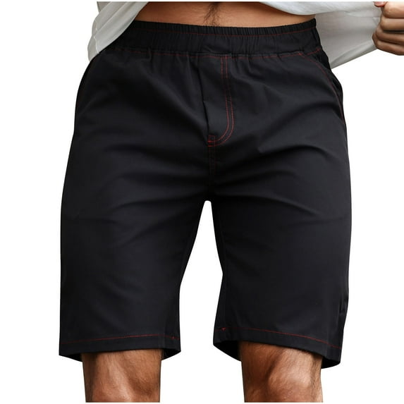 HOOMEUMY Men's Outdoor Beach Shorts Summer Fashion Comfy Leisure Solid Color Drying Breathable Sports Training Running Straight Leg Five Quarter Shorts (Black,M)