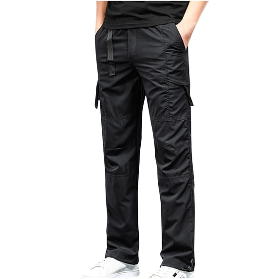 HOOMEUMY Men's Outdoor Straight-Leg Long Pants Drawstring Solid Color Multi Pockets Trousers with Belt Black L
