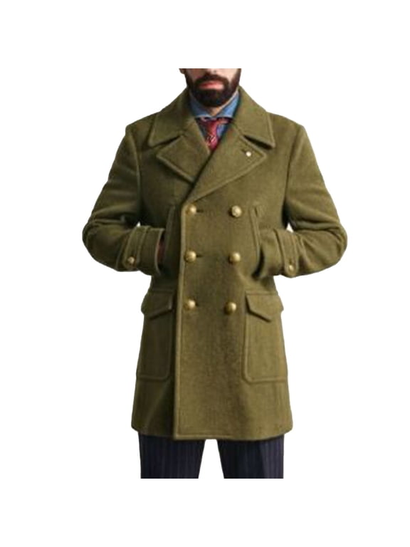 Men's Overcoat Winter Wool Double Breasted Warm Overcoat Turndown Collar Classic Jacket Trench Coat with Pockets Army Green XL