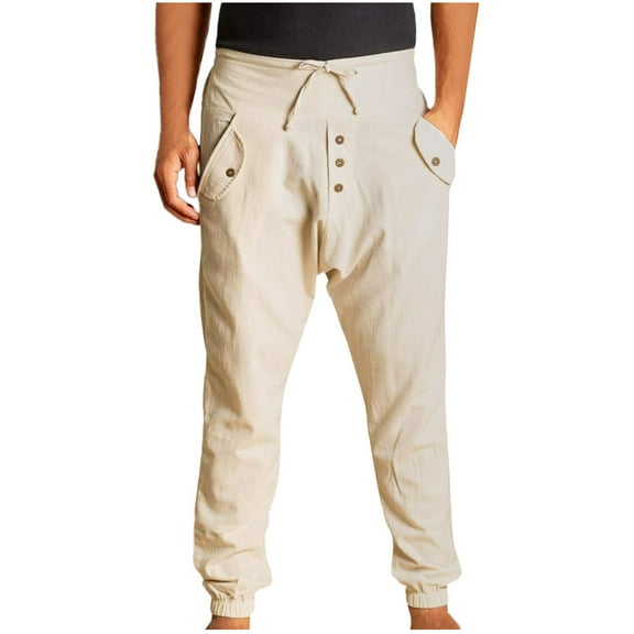 HOOMEUMY Men's Pants Loose Fit Cotton Linen Long Baggy Trousers with Pockets Drawstring Solid Color Jogger Sweatpants Beige XXXL