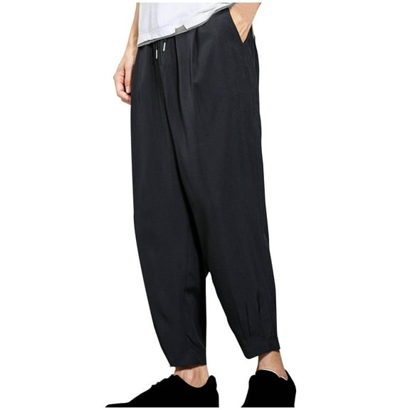HOOMEUMY Men's Pants Loose Fit Drawstring Elastic Waist Breathable Casual Trousers Comfy Fall Harem Pants with Pockets Black L