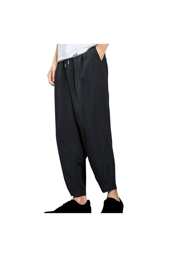 Men's Pants Loose Fit Drawstring Elastic Waist Breathable Casual Trousers Comfy Fall Harem Pants with Pockets Black L