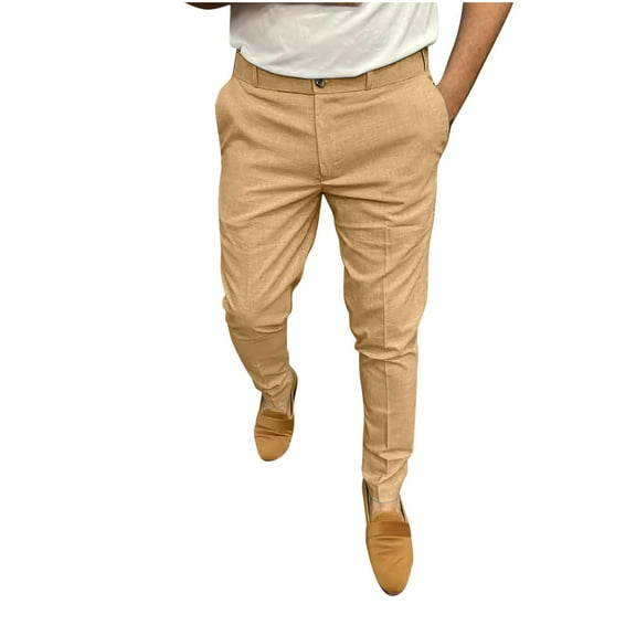 HOOMEUMY Men's Pants Slim Fit Straight Leg Trousers Business Lightweight Chino Pants Work Office Party Dress Pants Beige XL