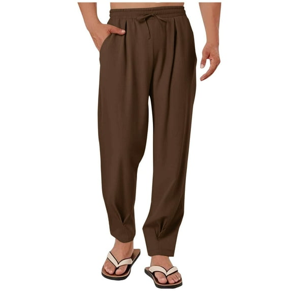 HOOMEUMY Men's Pants Summer Athletic Casual Trousers Loose Fit Elastic Waist Jogger Pants Trendy Solid Color Full Length Pant (Coffee,M)