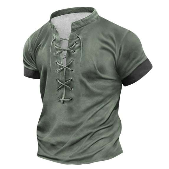 HOOMEUMY Men's Patchwork Shirts Workout Summer Basic Cap Sleeve Basic Tees 2025 Trendy Retro Solid Shirts Stand-up Collar Tops Stylish Slim Fit Casual Blouse Green XL