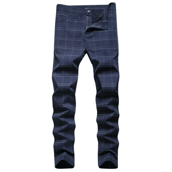 HOOMEUMY Men's Plaid Straight Leg Pants Business Striped Stretch Casual Zipper Slim Fit Suit Trousers with Pockets Blue M