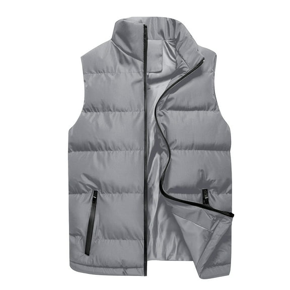 HOOMEUMY Men's Puffer Vest Sleeveless Winter Warm Jacket Stand Collar Zipper Closure Outdoor Vest with Pockets Gray M