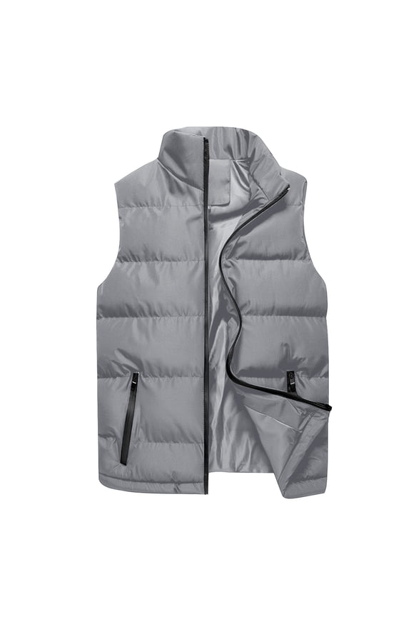 Men's Puffer Vest Sleeveless Winter Warm Jacket Stand Collar Zipper Closure Outdoor Vest with Pockets Gray S