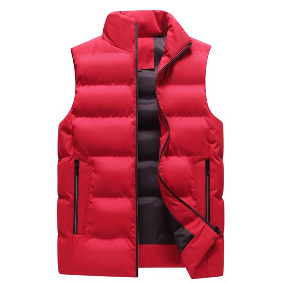 HOOMEUMY Men's Puffer Vest Winter Warm Sleeveless Jacket Zipper Stand Collar Padded Outdoor Vest Lightweight Warm Vest Red XXXXXL