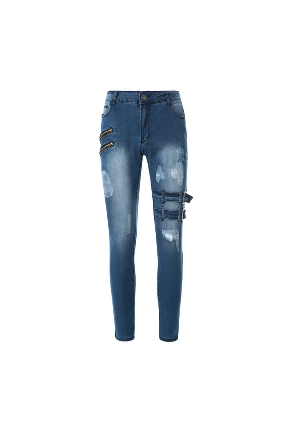 Men's Punk Gothic Jeans Classic Solid Stretch Casual Ripped Biker Skinny Denim Pants with Buckle Zipper Blue XL