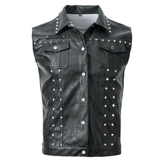 HOOMEUMY Men's Punk Rock Gothic Biker Style Black Faux Leather Turndown Collar Tank Top Jacket with Silver Spikes Studs Black XL