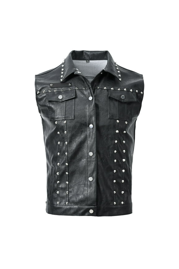 Men's Punk Rock Gothic Biker Style Black Faux Leather Turndown Collar Tank Top Jacket with Silver Spikes Studs Black XL