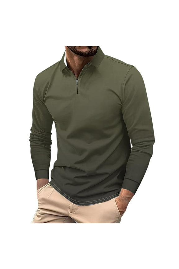 Men's Quarter Zip Long Sleeve Gradient Ombre T-Shirt Slim Fit Turndown Collar Casual Pullover Top a_Army Green XXL
