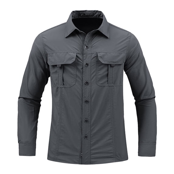 HOOMEUMY Men's Quick Dry Hiking Shirt Long Sleeve Lightweight Breathable Outdoor Camping Fishing Travel Shirts with Multiple Pockets Button Down Tops Gray XXXXL