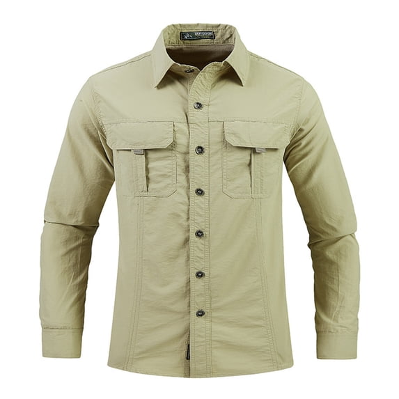 HOOMEUMY Men's Quick Dry Hiking Shirt Long Sleeve Lightweight Breathable Outdoor Camping Fishing Travel Shirts with Multiple Pockets Button Down Tops Khaki M