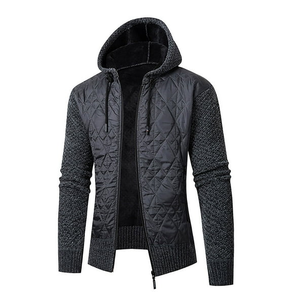 HOOMEUMY Men's Quilted Drawstring Hoodie Jacket Winter Warm Fleece Lined Padded Slim Fit Zipper Outerwear Dark Gray XL
