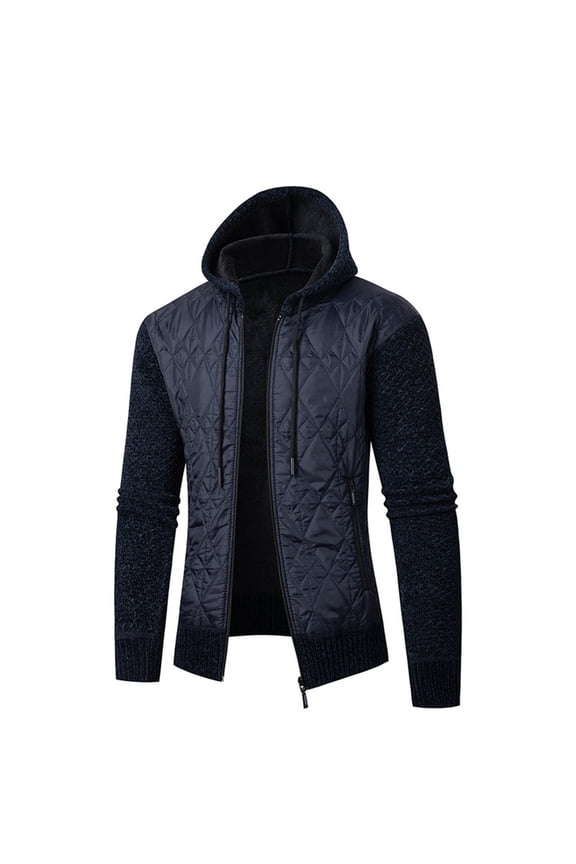 Men's Quilted Drawstring Hoodie Jacket Winter Warm Fleece Lined Padded Slim Fit Zipper Outerwear Navy M