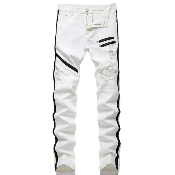 HOOMEUMY Men's Red Ripped Jeans Slim Fit Stretch Denim Pants Streetwear Fashion Trousers with Zipper Detail White 44