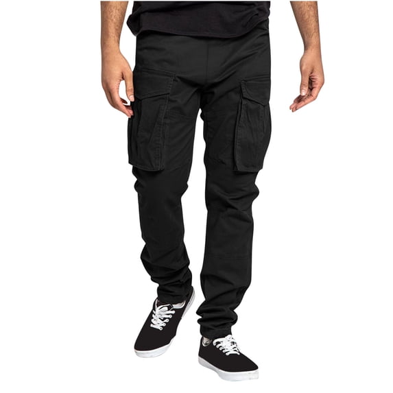 HOOMEUMY Men's Relaxed Fit Cargo Pants Casual Lace-Up Multi Pockets Straight Leg Work Pants with Drawstring Black L