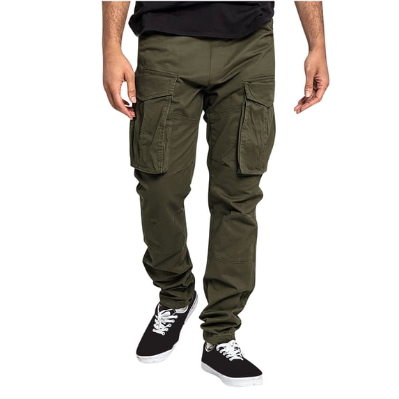 HOOMEUMY Men's Relaxed Fit Cargo Pants Casual Lace-Up Multi Pockets Straight Leg Work Pants with Drawstring Green M
