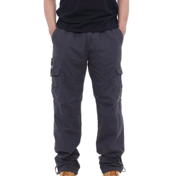 HOOMEUMY Men's Relaxed Fit Multi-Pocket Casual Loose Fit Workout Straight Leg Cargo Pants with Drawstring Black Gray XL