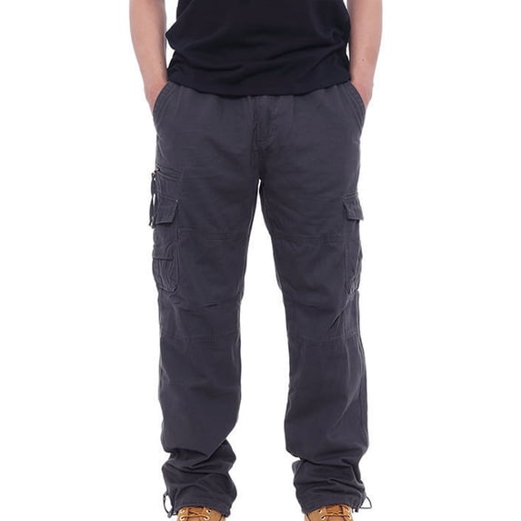 HOOMEUMY Men's Relaxed Fit Multi-Pocket Casual Loose Fit Workout Straight Leg Cargo Pants with Drawstring Black Gray XXXXL