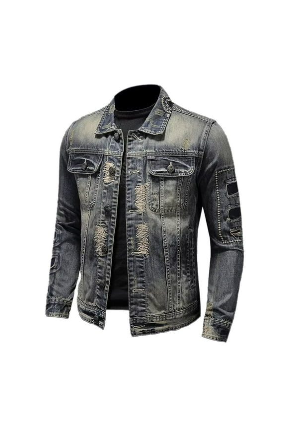 Men's Retro Denim Jacket Distressed Ripped Button Up Long Sleeve Loose Fit Casual Jean Jacket with Pockets Black XXXL