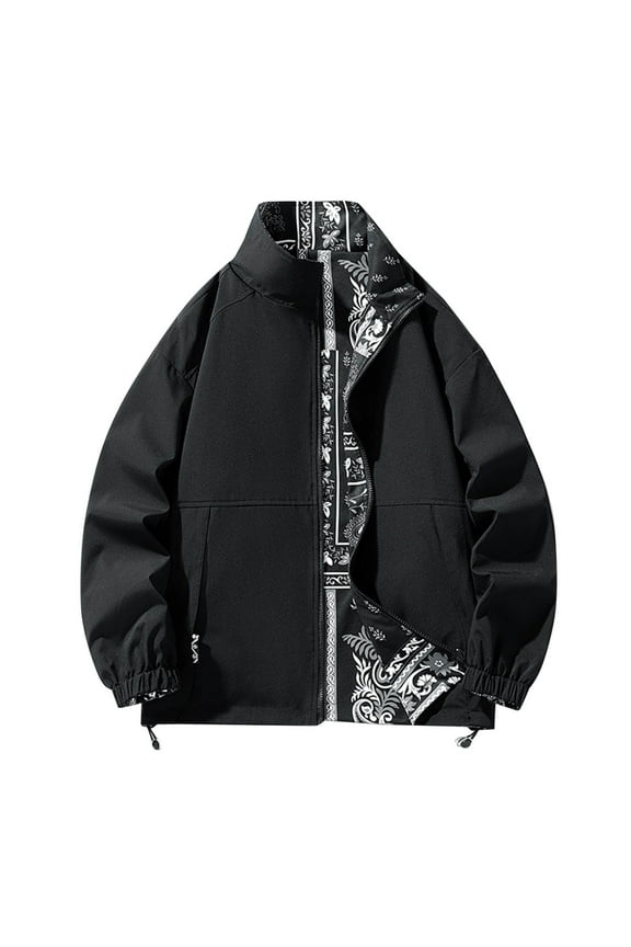 Men's Reversible Jacket Stand Collar Zipper Long Sleeve Lightweight Outwear Windbreaker Black Floral Pattern Streetwear Black M