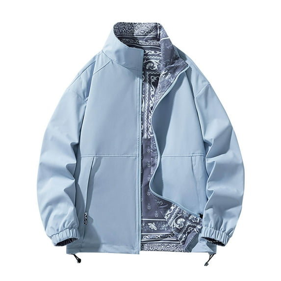 HOOMEUMY Men's Reversible Jacket Stand Collar Zipper Long Sleeve Lightweight Outwear Windbreaker Black Floral Pattern Streetwear Light Blue XXXL