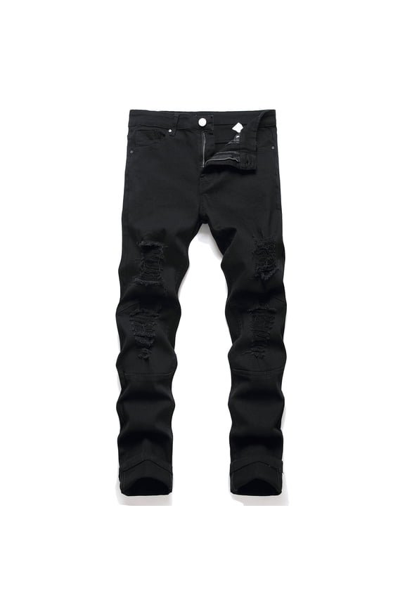 Men's Ripped Jeans Black Distressed Denim Pants Slim Fit Stretchy Lightweight Trousers Streetwear Fashion Black L