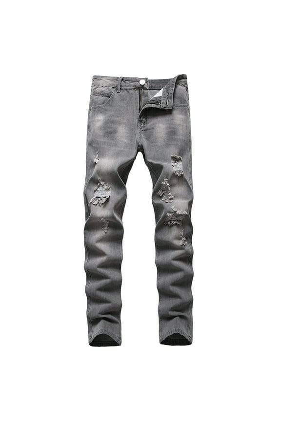 Men's Ripped Jeans Distressed Denim Pants Slim Fit Straight Leg Stretch Jeans Blue Trousers Streetwear Fashionable Gray 32
