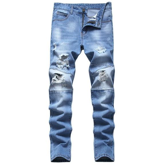 HOOMEUMY Men's Ripped Jeans Distressed Denim Pants Straight Leg Stretch Jeans Destroyed Blue Jeans Slim Fit Trousers Blue 42