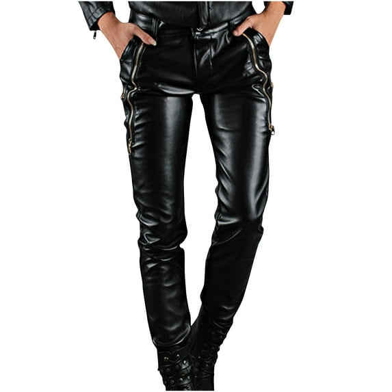 HOOMEUMY Men`s Rock Punk Hip Hop Faux Leather Motocycle Pants Business Slim Fit Pockets Faux Leather Trousers Pants Black 12