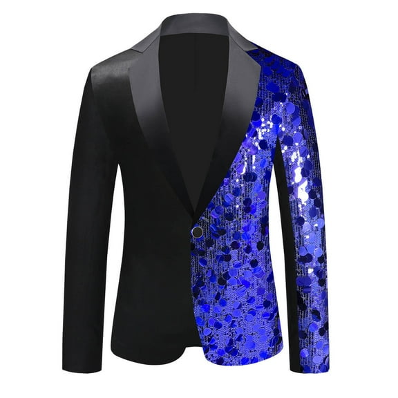 HOOMEUMY Men's Sequin Colorblock Blazer Dance Host Dress Jacket Tuxedo Patchwork Suit Jacket (Blue,L)