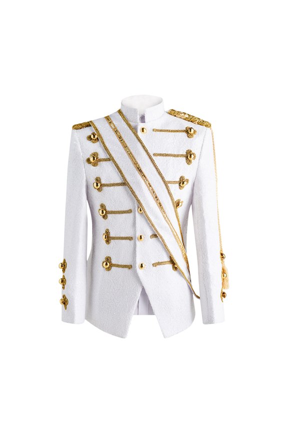 Men's Sequined Blazer Gold Trim Long Sleeve Court Style Button Up Jacket Stage Performance Costume Outfit White L