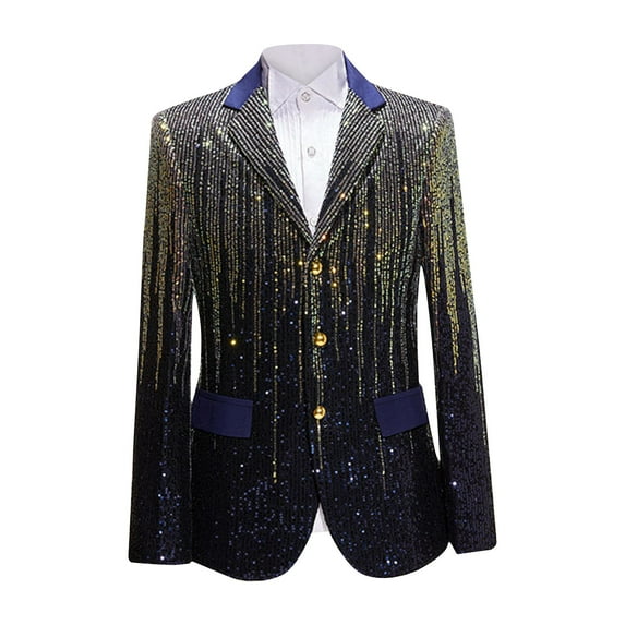 HOOMEUMY Men's Sequined Fashion Blazer Slim Fit Single Breasted Blazer Party Wedding Prom Blazer Shiny Jacket Blue M