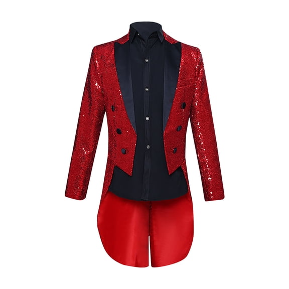 HOOMEUMY Men's Sequined Tailcoat Single Breasted Formal Tuxedo Jacket Long Sleeve Wedding Party Prom Suits Red XXL