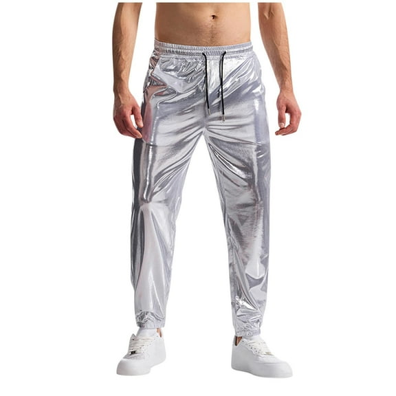 HOOMEUMY Men's Shiny Elastic Waist Stretchy Jogger Pants Casual Drawstring Hip Hop Party Club Trousers Fashion Sweatpants (Silver,M)
