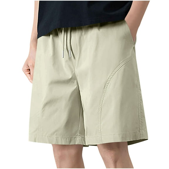 HOOMEUMY Men's Shorts Classic Outdoor Solid Color Elastic Waist Drawstring Sports Straight -leg Pants Beach Shorts Summer Leisure Fashion Comfy (Beige,S)