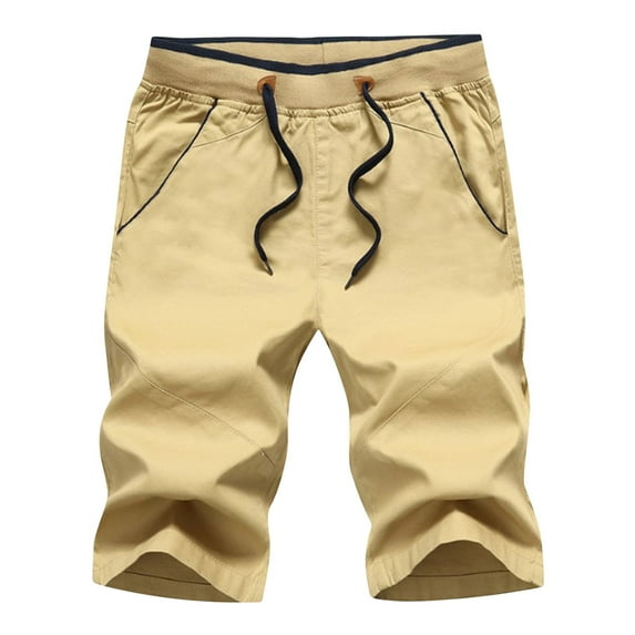 HOOMEUMY Men's Shorts Summer Beach Shorts with Pockets Drawstring Elastic Waist Bermuda Shorts Solid Color Above Knee Length Shorts for Men Yellow XXL